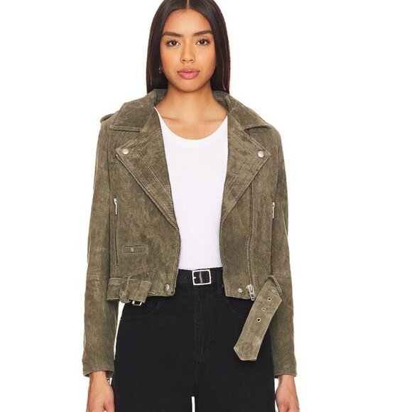 New BlankNYC Suede Moto Jacket Womens M Herb Light Olive Green Crop - Picture 1 of 8